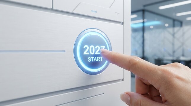 Finger pressing glowing 2023 start button for business planning and new year goals concept in modern office