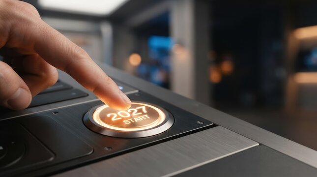 Finger pressing glowing 2027 start button for future planning and business innovation strategy concept