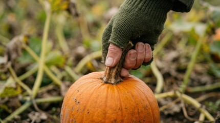 Hand in green glove harvesting fresh orange pumpkin in autumn field for seasonal harvest and thanksgiving celebration