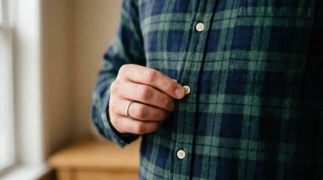 Close up of a man buttoning a green and blue plaid flannel shirt for a casual autumn outfit