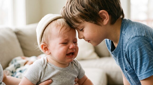 Older brother comforts crying baby sibling with forehead touch indoors