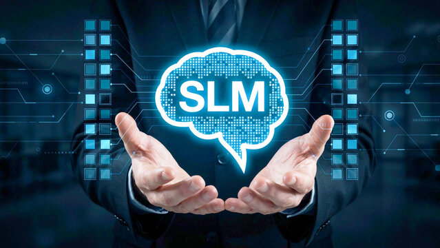 A man in a dark suit holds a glowing blue speech bubble with SLM in his cupped hands in front of a futuristic background.