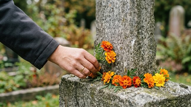 Person placing orange marigold flowers on a stone grave marker in a cemetery to honor a deceased loved one