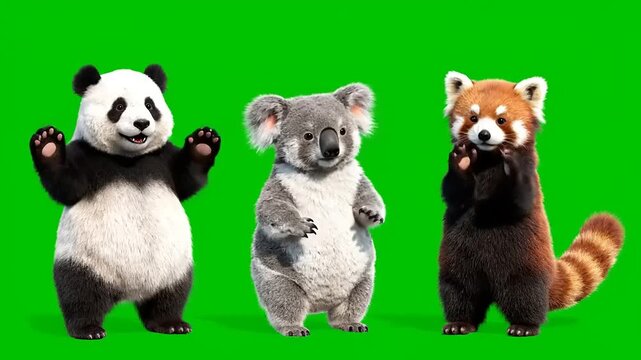 Adorable wild animals a giant panda, koala, and red panda standing on green screen. Ideal for chroma key video compositing and graphic design cutouts