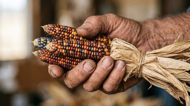 Elderly farmer holding colorful flint corn bundle representing autumn harvest and traditional organic agriculture