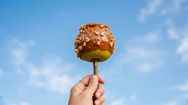 Hand Holding Caramel Apple with Peanuts Against Blue Sky for Autumn Festival Concept