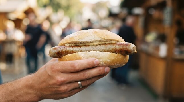 Hand holding a grilled bratwurst sausage in a crusty bread roll at a street food market festival