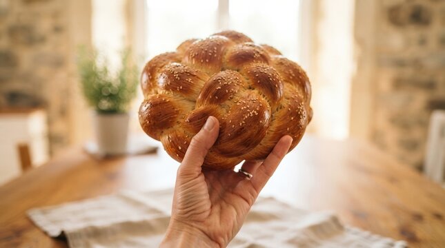 Hand Holding Freshly Baked Round Challah Bread Loaf for Shabbat Celebration at Home Kitchen