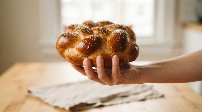 Hand Holding Freshly Baked Braided Challah Bread Loaf for Jewish Holiday Celebration and Traditional Sabbath Meal