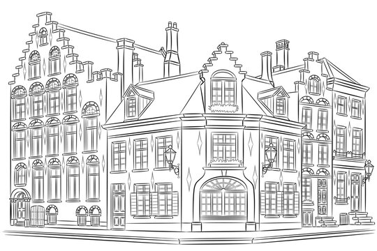 Traditional Flemish Step Gable Houses on Historic Street in Bruges Belgium Vector Illustration