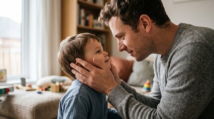 Fototapeta premium Father gently holds his young son's face looking into his eyes with love and connection