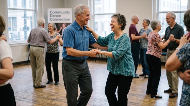 Happy senior couples enjoying a community dance class together