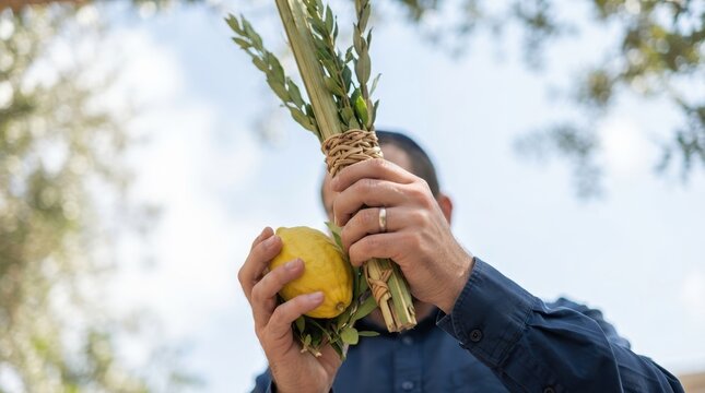 Jewish man holding lulav and etrog for Sukkot holiday ritual prayer
