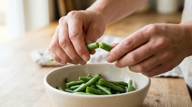 Person snapping fresh green beans in a rustic kitchen for healthy home cooking preparation