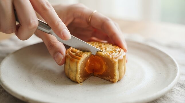 Close up of hands cutting a traditional mooncake with salted egg yolk center for Mid Autumn Festival celebration