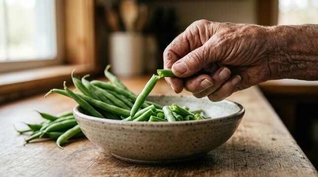 Elderly person snapping fresh green beans in rustic kitchen for farm to table cooking and sustainable home food preparation