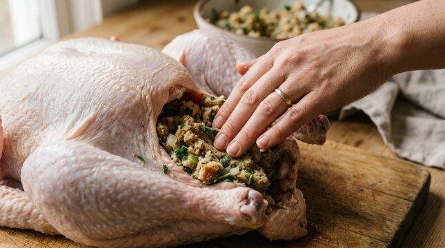 Woman stuffing raw turkey with bread dressing for Thanksgiving dinner preparation in home kitchen