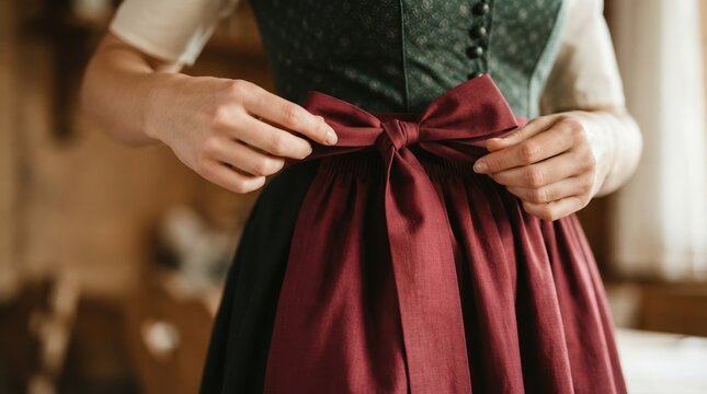 Young Woman Tying Red Apron Bow on Traditional Bavarian Dirndl Dress for Oktoberfest Celebration