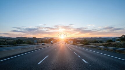 Fototapeta premium Future 2027 highway road stretching into sunset horizon representing new beginnings and business growth opportunities
