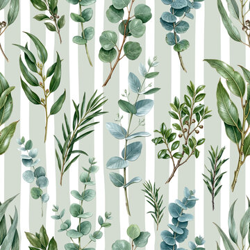 Seamless vector pattern with eucalyptus branches isolated on a changeable background. Vintage painting style illustration.