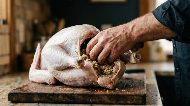 Person stuffing raw whole turkey with savory bread dressing for Thanksgiving dinner preparation in home kitchen