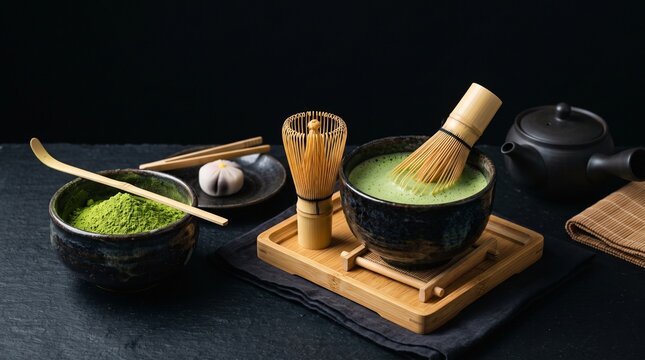 Traditional Japanese Matcher Tea Ceremony, Premium Green Tea, Authentic Zen Beverage and Wellness Experience Today, 8K image 