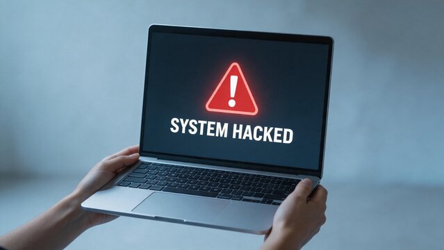Person holding laptop with system hacked warning