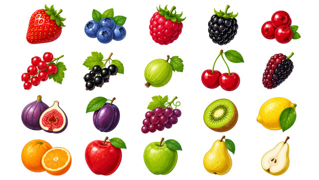 Fresh fruit and berry cartoon vector set with 20 berries including  strawberry, grape and blueberry