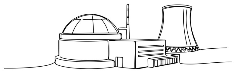 One line drawing of a nuclear power plant with reactor dome and cooling tower © ----WWWLINE----