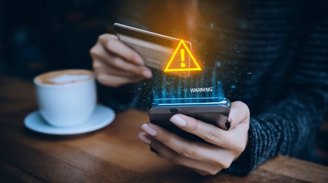 Online payment fraud detection and cybersecurity threat alert concept person using smartphone, blocked credit card transaction warning and digital banking security system to prevent financial scam 