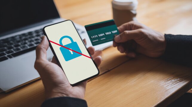 Online payment fraud detection and cybersecurity threat alert concept person using smartphone, blocked credit card transaction warning and digital banking security system to prevent financial scam 