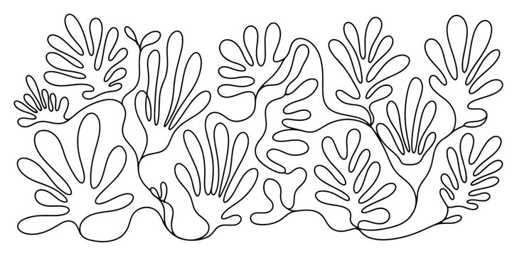 One line drawing of abstract coral leaves pattern for modern interior wall art decoration