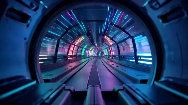 POV shot of a futuristic train traveling fast through a neon-lit tunnel