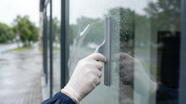 Hand cleans wet glass with squeegee tool