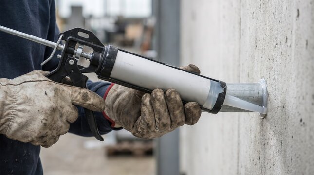 Worker applies sealant to concrete wall with tool