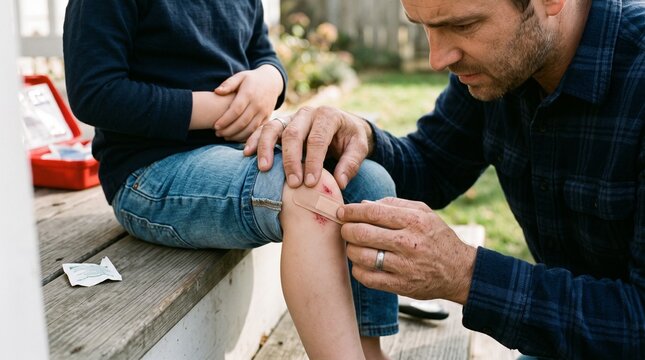 Father applies bandage to childs scraped knee with first aid kit nearby outdoors