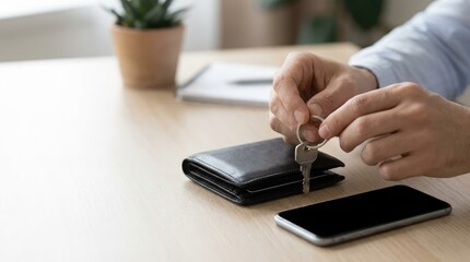 Fototapeta premium Hands attach key to wallet on wooden desk