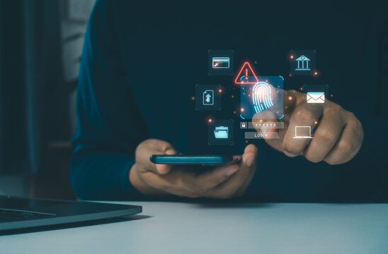Secure biometric fingerprint authentication on smartphone with digital login, cybersecurity protection, identity verification, data privacy, mobile banking, secure access, online security technology.