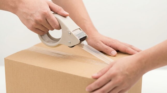 Hands seal cardboard box with tape dispenser