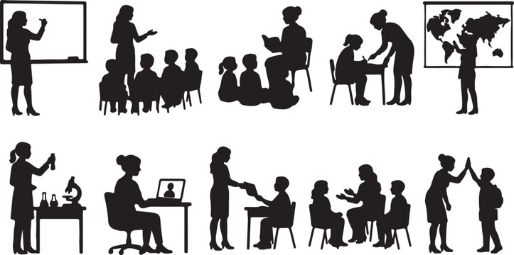 Diverse classroom scenes depicting teachers instructing, assisting, and interacting with students in different learning environments.