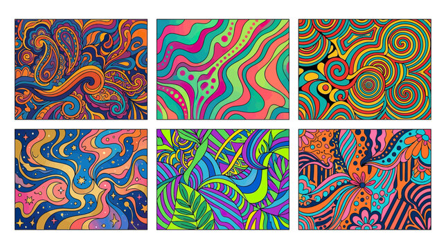 Vibrant Psychedelic Patterns Collage: Swirls, Paisley, Waves, Stars