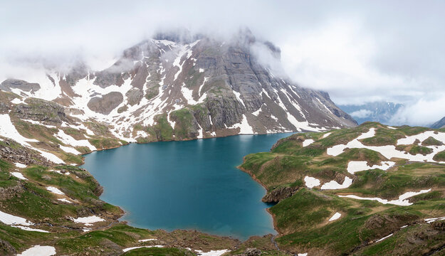 Aerial view of Ibon de Ip at the foot of the Collarada peak, Aragonese Pyrenees, Huesca province, Aragon, Spain