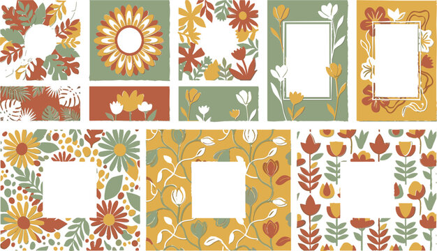Retro botanical square frame vector with boho wildflowers and autumn leaves border on white background