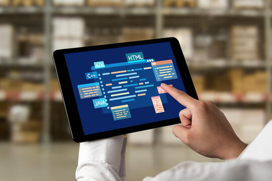 Software development or programming work with coding screen of various programming languages like HTML, , , and C brisk for new application development