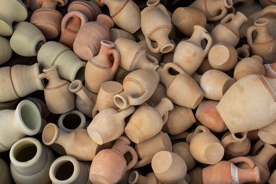 Full frame overhead view of assorted Traditional Clay Pots and jugs