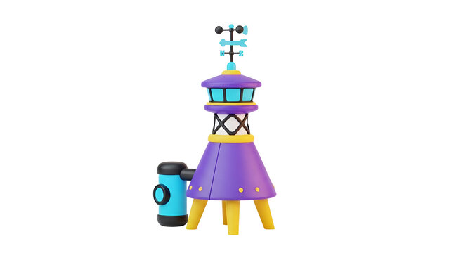 Stylized 3d render of a colorful weather station tower featuring a bright purple base and blue rotating wind vane indicator
