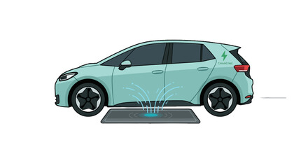 Fototapeta premium FLAT 2d minimalist Electric car charging wirelessly on a futuristic pad with energy waves PNG Isolated on transparent background vector