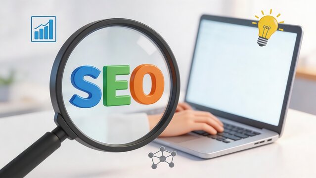Magnifying glass over SEO letters on laptop