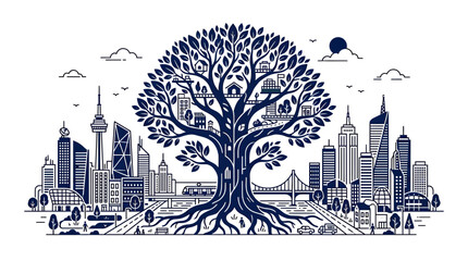 Urban Tree of Life with Cityscape and Houses Integrated into Branches © rahma