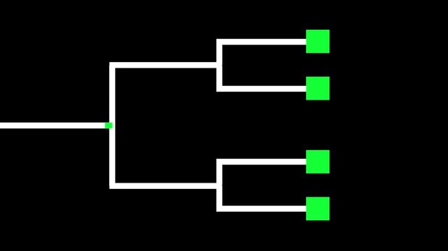 Animated branching tree diagram with moving green nodes on a black background. Ideal for network, hierarchy, or data flow concepts.